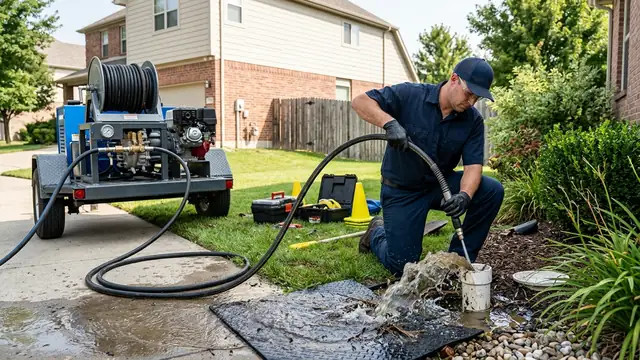 High pressure hydro jetting clearing main sewer line