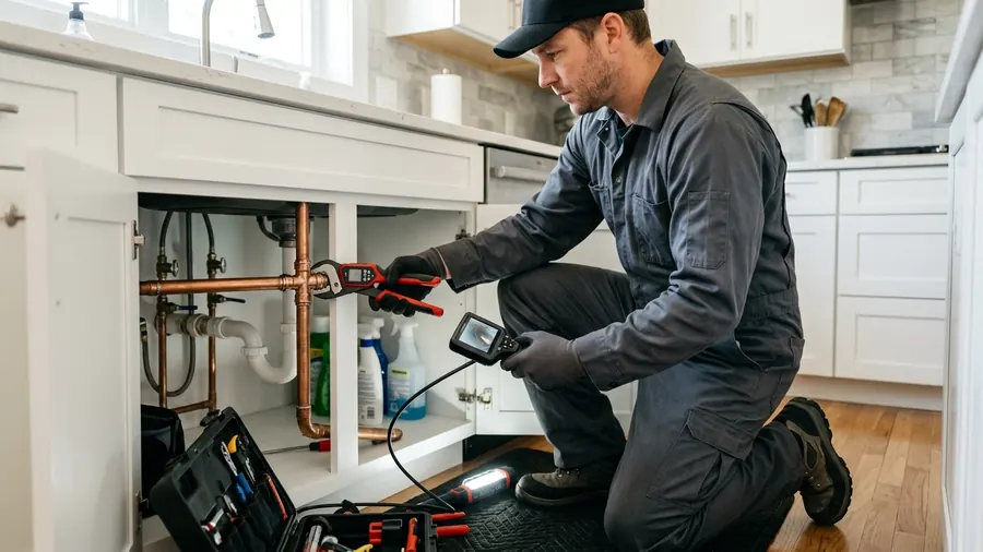 Emergency plumbing technician with tools and inspection camera