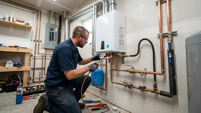 Plumbing technician installing high efficiency tankless water heater